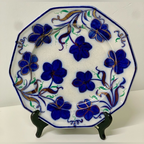 19th Century Vtg Gaudy Ironstone 10 Sided Flow Blue Copper Lusterware Plate - Picture 5 of 15